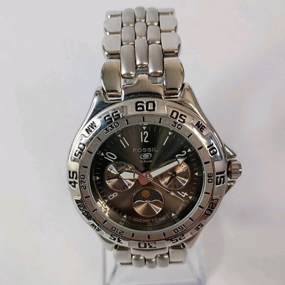 40mm Fossil BQ-8777 Blue Moonphase 1 Jewel Men's Quartz Wristwatch Japan Steel - Picture 2 of 16